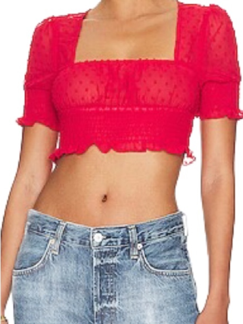 Superdown Revolve Lexi sheer smocked puff sleeve polka dot top in Red Size Small